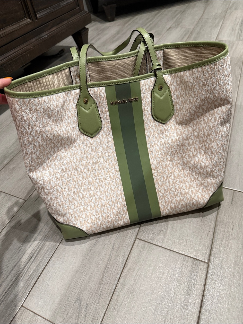 Michael Kors Beige Signature Tote with Olive Green Stripe
